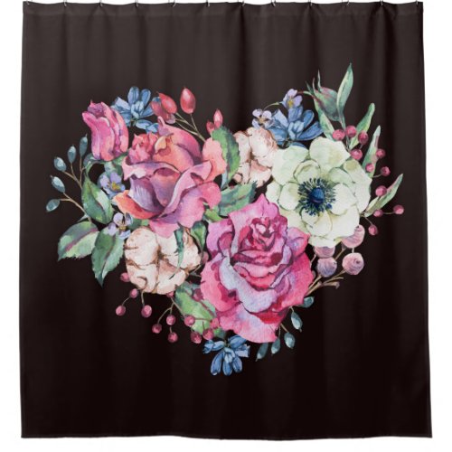 Watercolor floral heart vintage roses shower curtain