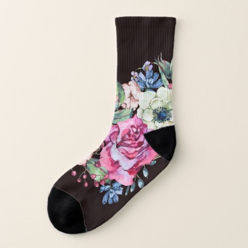 Watercolor floral heart vintage roses socks