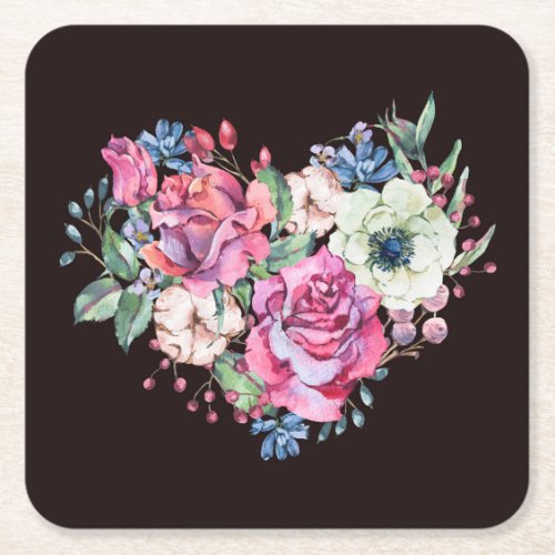 Watercolor floral heart vintage roses square paper coaster