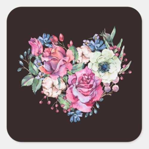 Watercolor floral heart vintage roses square sticker