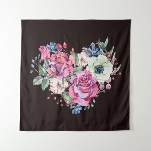 Watercolor floral heart vintage roses tapestry