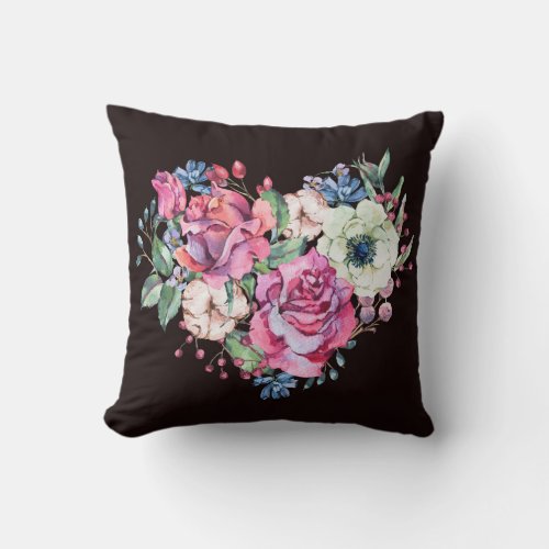 Watercolor floral heart vintage roses throw pillow