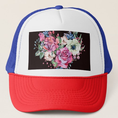 Watercolor floral heart vintage roses trucker hat
