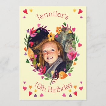 Watercolor Floral Heart Wreath 18th Birthday Photo Invitation by JK_Graphics at Zazzle