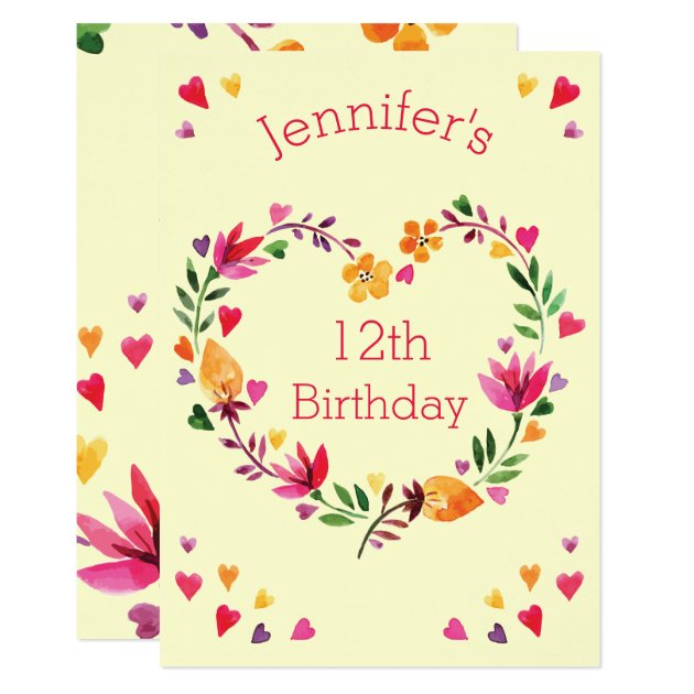 Watercolor Floral Heart Wreath Girl 12th Birthday Invitation