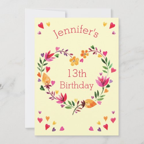 Watercolor Floral Heart Wreath Girl 13th Birthday Invitation