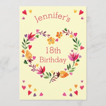 Watercolor Floral Heart Wreath Girl 18th Birthday Invitation by JK_Graphics at Zazzle