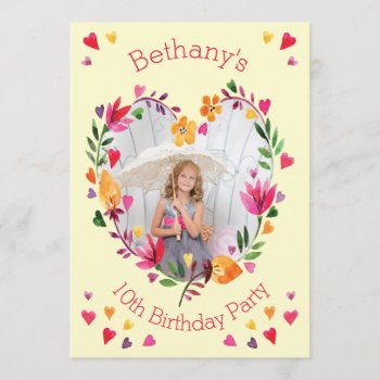 Watercolor Floral Heart Wreath Girl's Birthday Invitation by JK_Graphics at Zazzle
