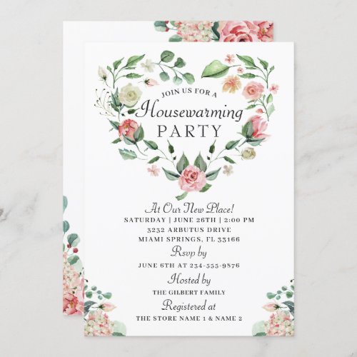 Watercolor Floral Heart Wreath Housewarming Party Invitation
