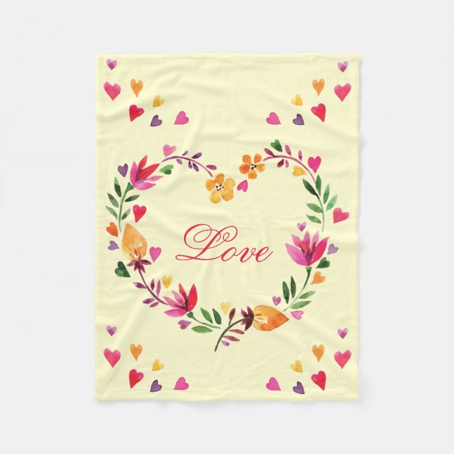 Watercolor Floral Heart Wreath Love Fleece Blanket (Front)
