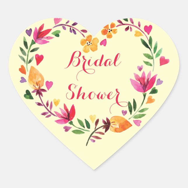 Watercolor Floral Hearts Wreath Bridal Shower Heart Sticker (Front)
