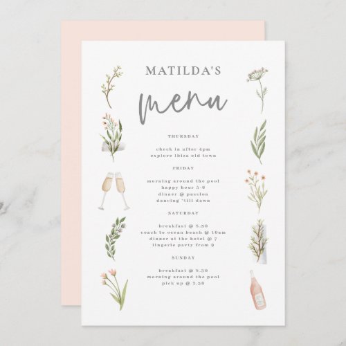 Watercolor floral hen weekend menu