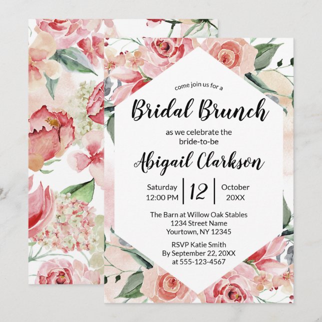 Watercolor Floral Hexagon Bridal Brunch Shower Invitation (Front/Back)
