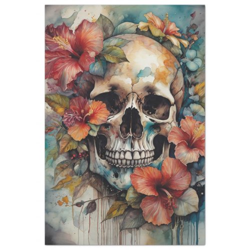 Watercolor Floral Hibiscus Skull Decoupage Paper