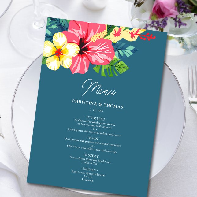 Watercolor Floral Hibiscus Tropical Wedding Menu (Creator Uploaded)