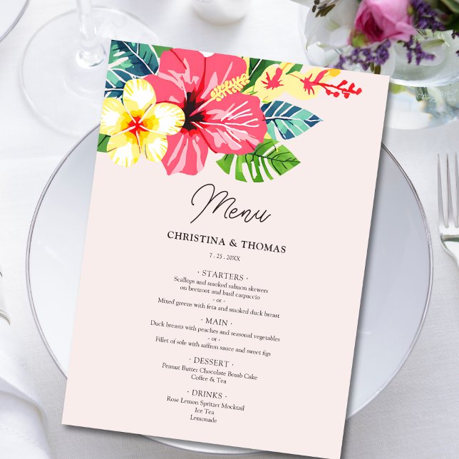 Watercolor Floral Hibiscus Tropical Wedding Menu (Creator Uploaded)
