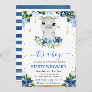 Watercolor Floral Hippo Boy Baby Shower Invitation