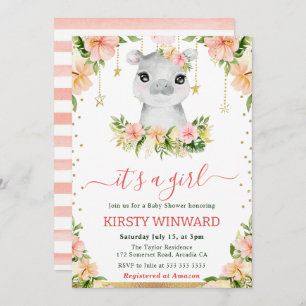 Watercolor Floral Hippo Girl Baby Shower Invitation