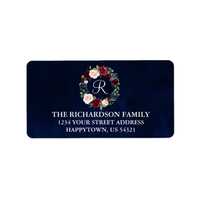 Watercolor Floral Holiday Monogram Address Label (Front)