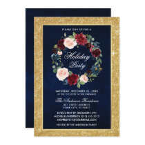 Watercolor Floral Holiday Party Gold Glitter Invitation