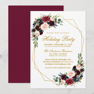 Watercolor Floral Holiday Party Gold Invitation