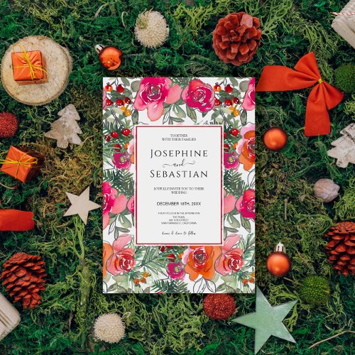 Watercolor Floral Holly Berries Christmas Wedding Invitation