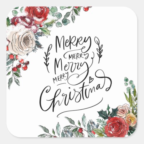 Watercolor Floral Holly Merry Christmas  Square Sticker