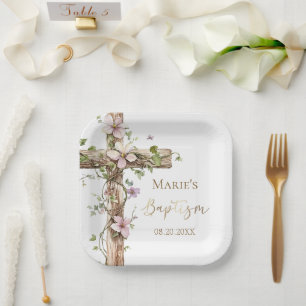 Watercolor Floral Holy Cross Baptism Paper Plates