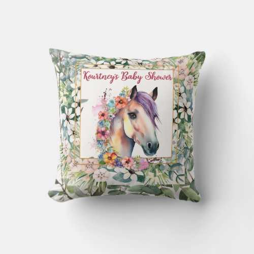 Watercolor Floral Horse Baby Shower  Throw Pillow