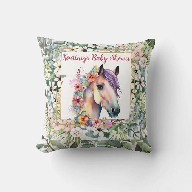 Watercolor Floral Horse Baby Shower  Throw Pillow (Front)