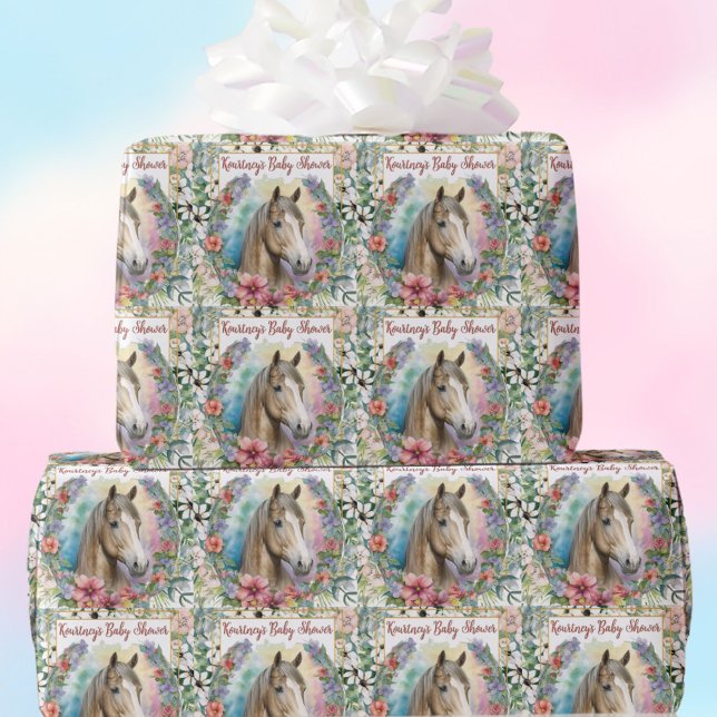 Watercolor Floral Horse Baby Shower  Wrapping Paper (Baby shower horse watercolor floral wrapping paper with name!)