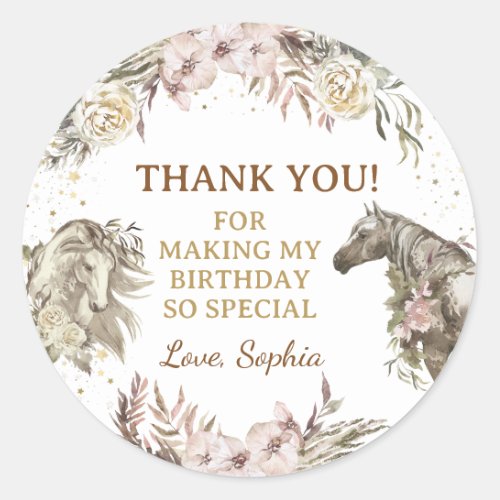 Watercolor Floral horse birthday cowgirl  Classic Round Sticker