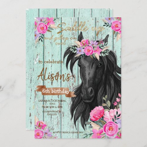 Watercolor Floral horse birthday cowgirl  Invitation