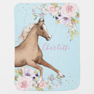 Watercolor Floral Horse Personalized Girl Baby Blanket