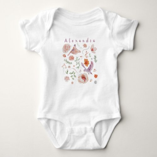 Watercolor Floral Hummingbird monogram add name Baby Bodysuit
