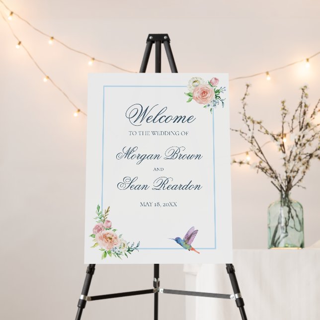 Watercolor Floral Hummingbird Wedding Welcome Sign (In Situ (Stand))