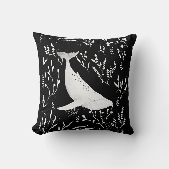 Watercolor Floral Humpback Whale Black Throw Pillow (Front)