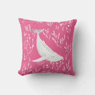 Watercolor Floral Humpback Whale Pink Throw Pillow