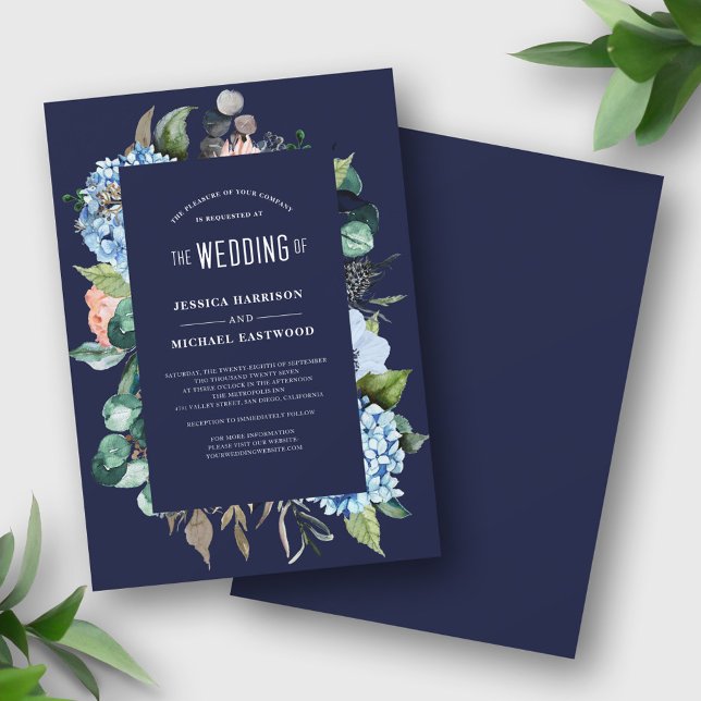 Watercolor Floral Hydrangea Navy Summer Wedding Invitation (Creator Uploaded)