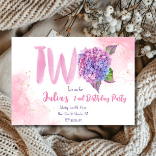Watercolor floral hydrangea second Birthday Invitation