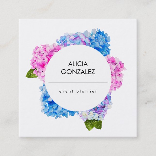 Watercolor Floral Hydrangea Square Business Card (Front)