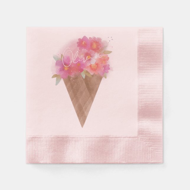 Watercolor Floral Ice Cream Cone with Name Napkins (Front)