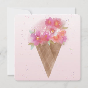 Watercolor Floral Ice Cream Cone with Name Note Card