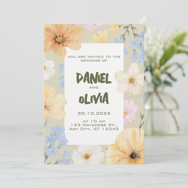 Watercolor Floral Illustration Wedding  Invitation (Standing Front)