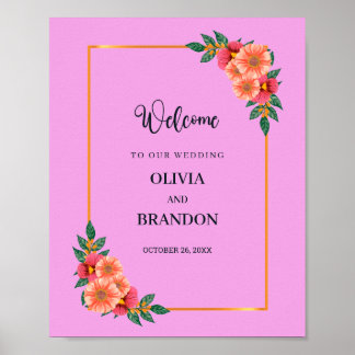 Watercolor Floral in Gold Frame Wedding Welcome Poster