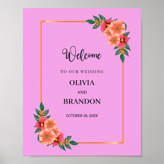 Watercolor Floral in Gold Frame Wedding Welcome Poster (Front)