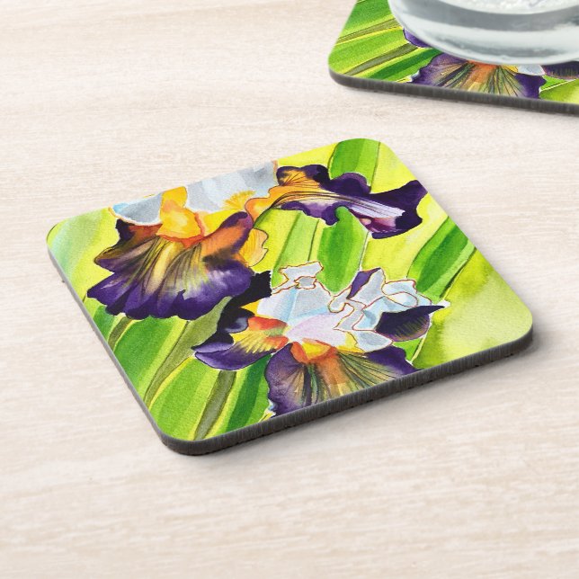 Watercolor floral iris flower beverage coaster (Left Side)