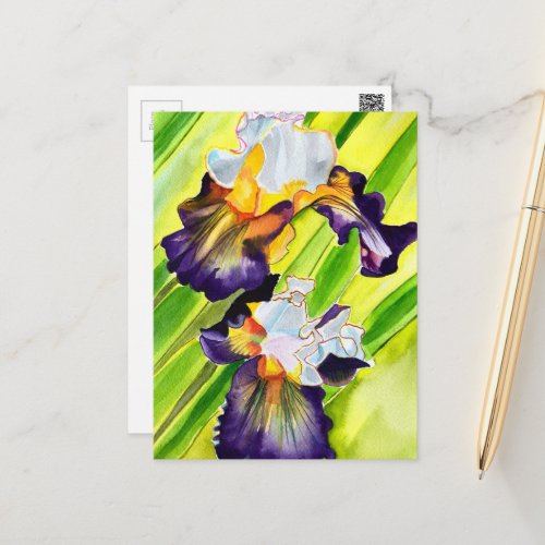 Watercolor floral iris flower postcard