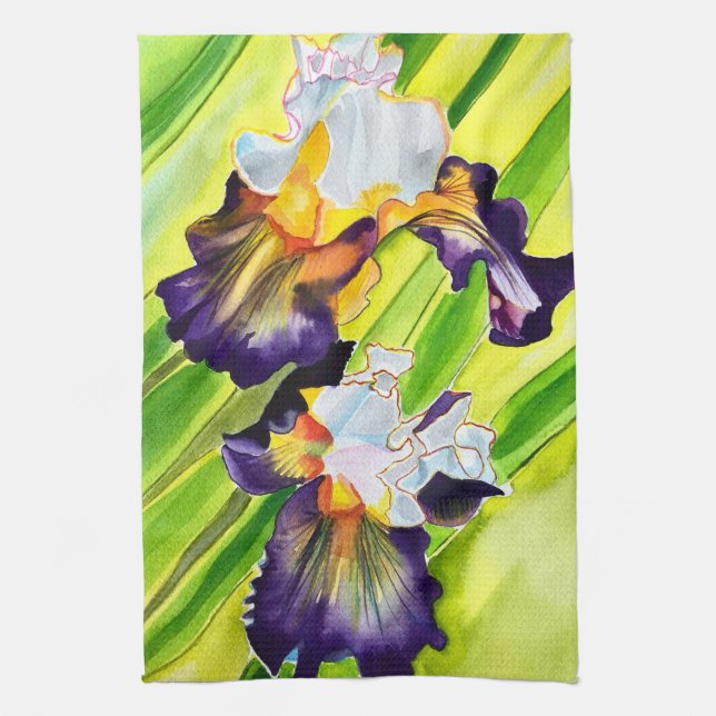 Watercolor floral iris purple green kitchen towel (Vertical)