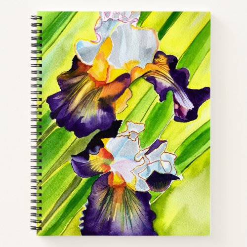 Watercolor floral iris purple green notebook